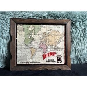 VTG White Horse Whiskey 1742 World Map Bar Wall Hanging Distillery Wood Frame